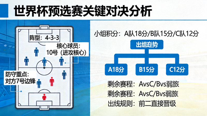 世预赛战术分析图：关键对决的战术板与出线形势图，标注球队阵型与核心球员